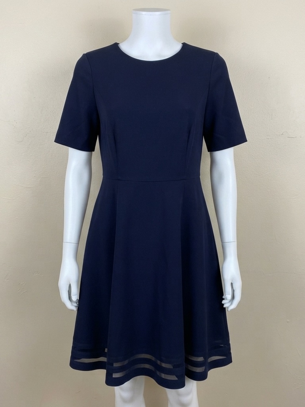Calvin Klein Navy Blue Short Sleeve Fit and Flare Dress with Sheer Hem Panel